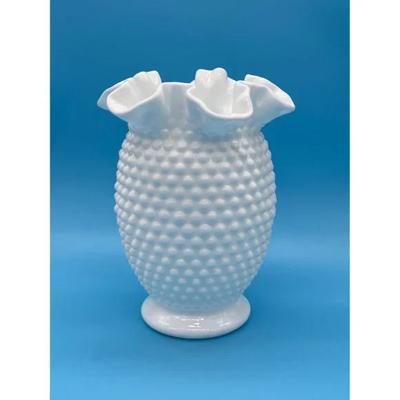 Vintage Fenton White Hobnail Milk Glass Double Crimped Vase 8" tall - Picture 1 of 5